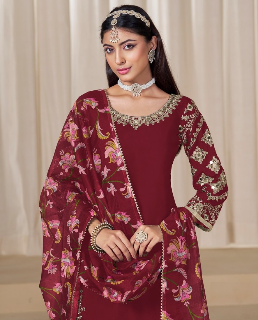 225-maroon - Mirror Work Maroon Embroidered Punjabi Suit